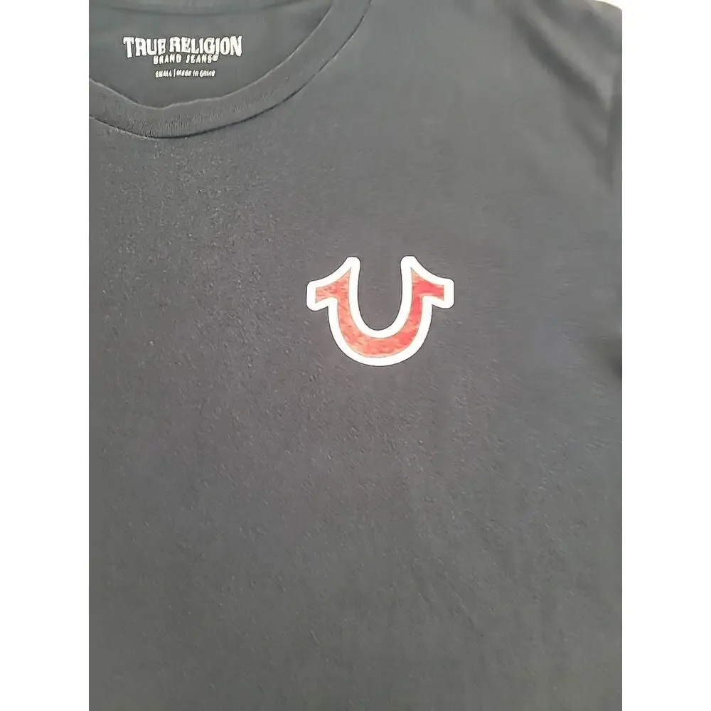 True Religion Y2K Buddha Guitar Logo Graphic Tee Men M Black Cotton Streetwear